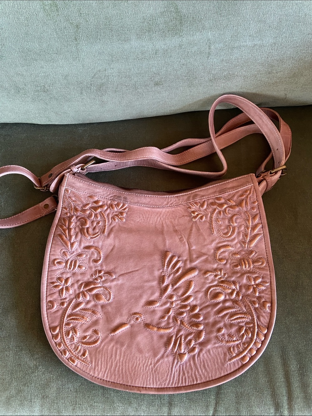 Embroidered Dusty Brown Leather Shoulder Bag